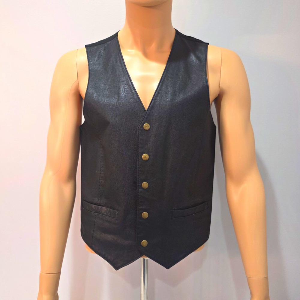 Wilsons Leather Vest Mens Small Black Genuine Leather Biker Western Snap Front